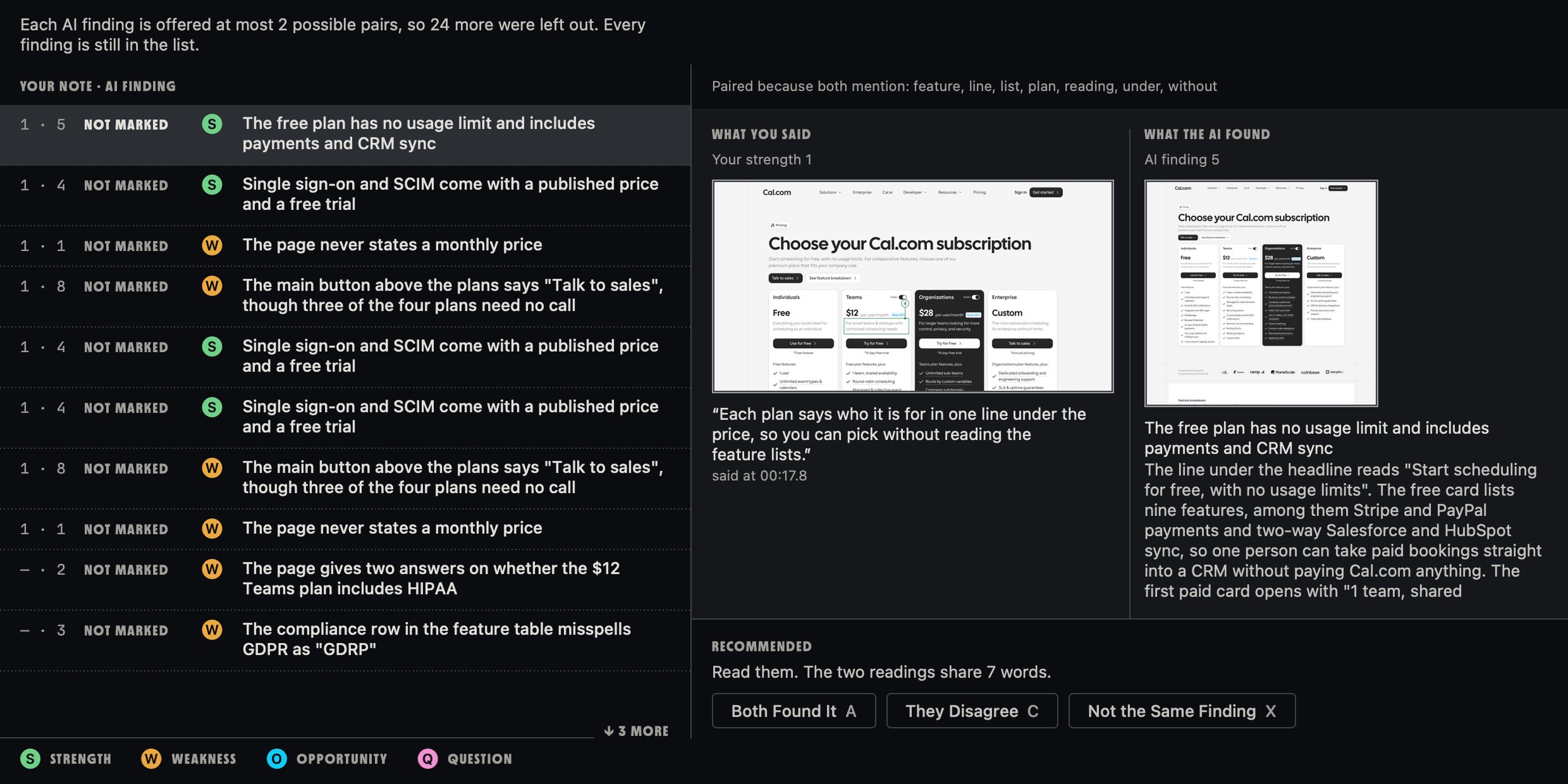 Settle in the Callouts app: your notes and the AI's findings in one list, and your strength about each plan's one-line description beside the AI's finding that the free plan has no usage limit.